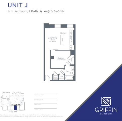 Floor plan for 1 bed, 1 bath, 643 sqft